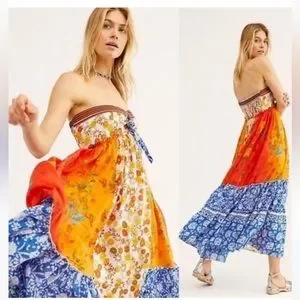 Free People Golden Dreams Mixed Floral Peplum Strapless Boho Maxi Dress EUC XS